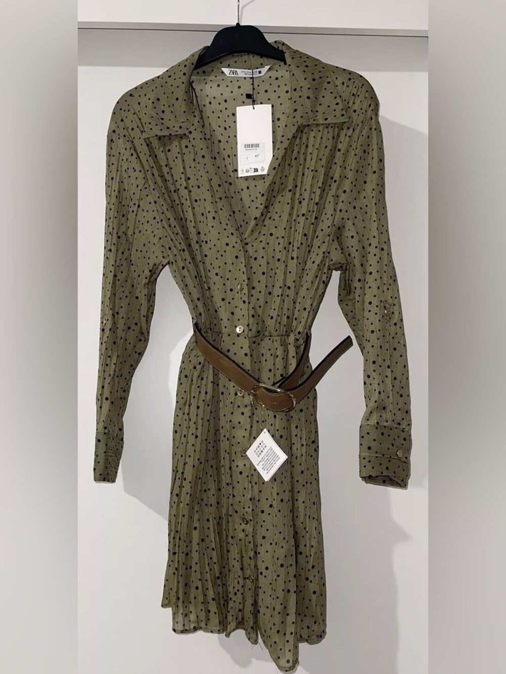 Zara Olive Green Long Sleeve Polka Dot Shirt Dress with Brown Belt
